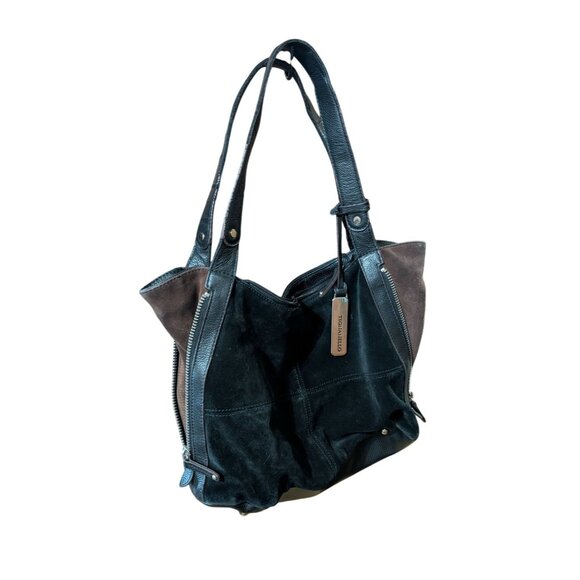Black Leather Suede Shoulder Bag Large With Zipper & Magnetic Closure Tiangello - Picture 1 of 6